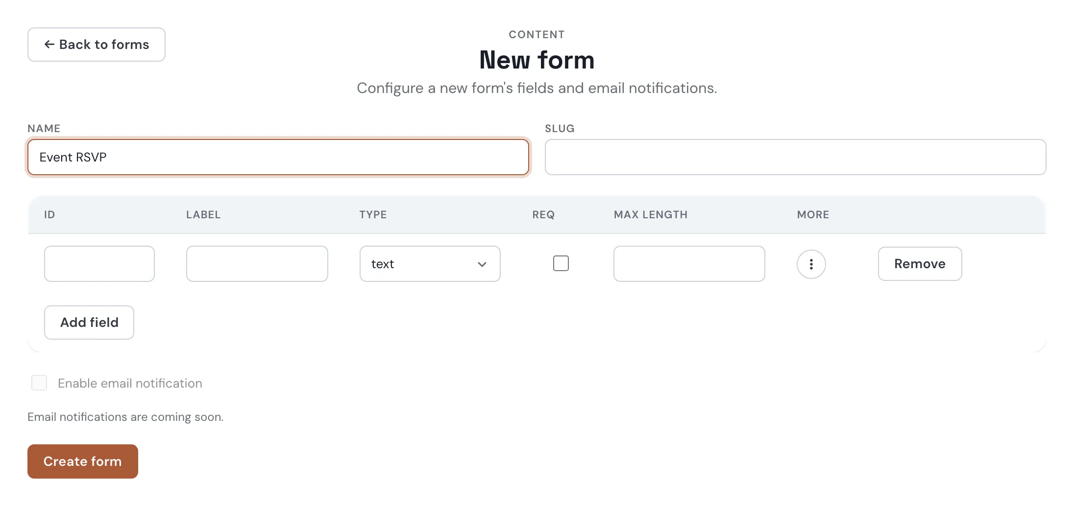 Admin New Form page with a form name entered, ready to add fields, before creating the form