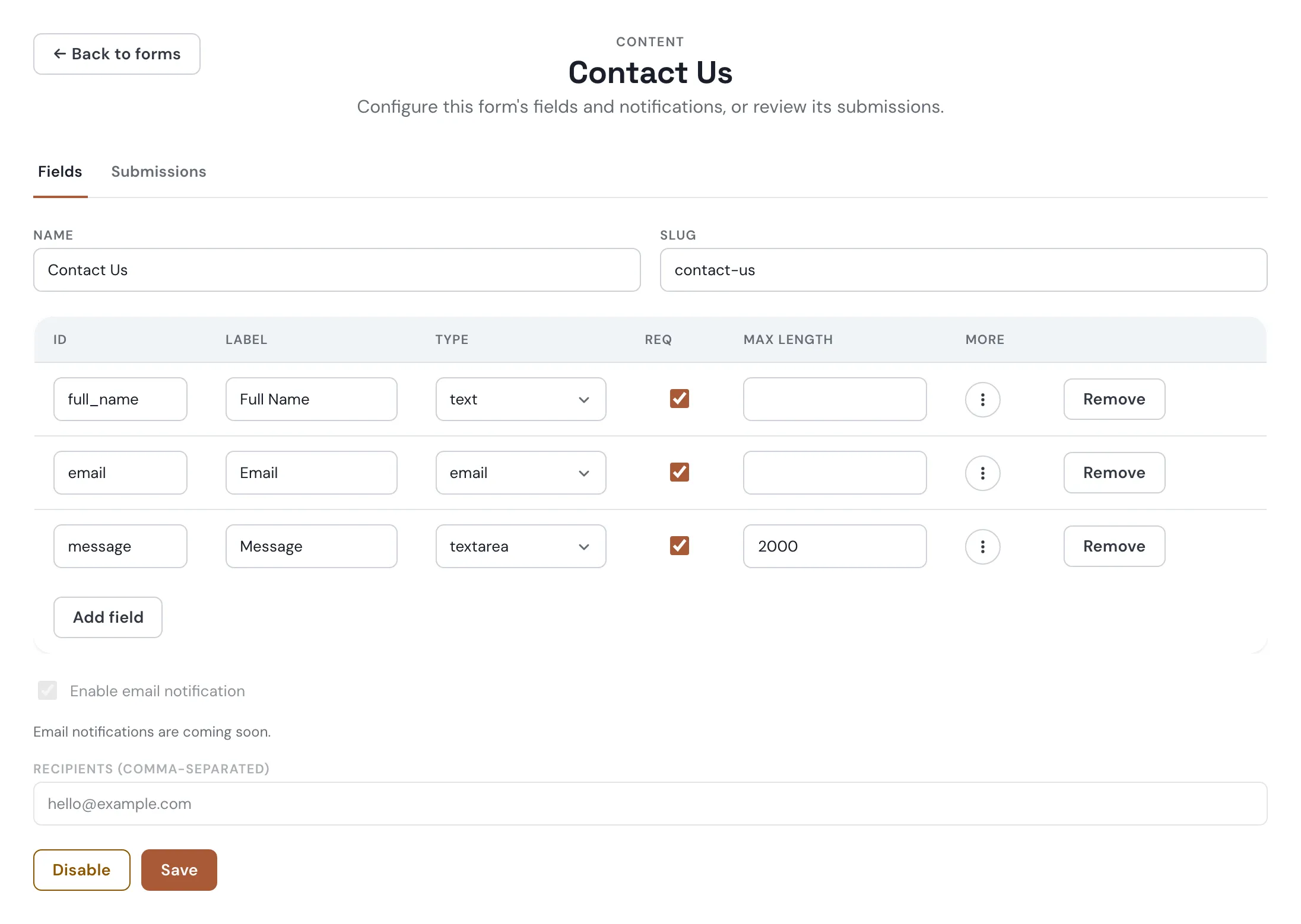 The Contact Us form Fields tab: name, slug, and a field list with type, required, and max length