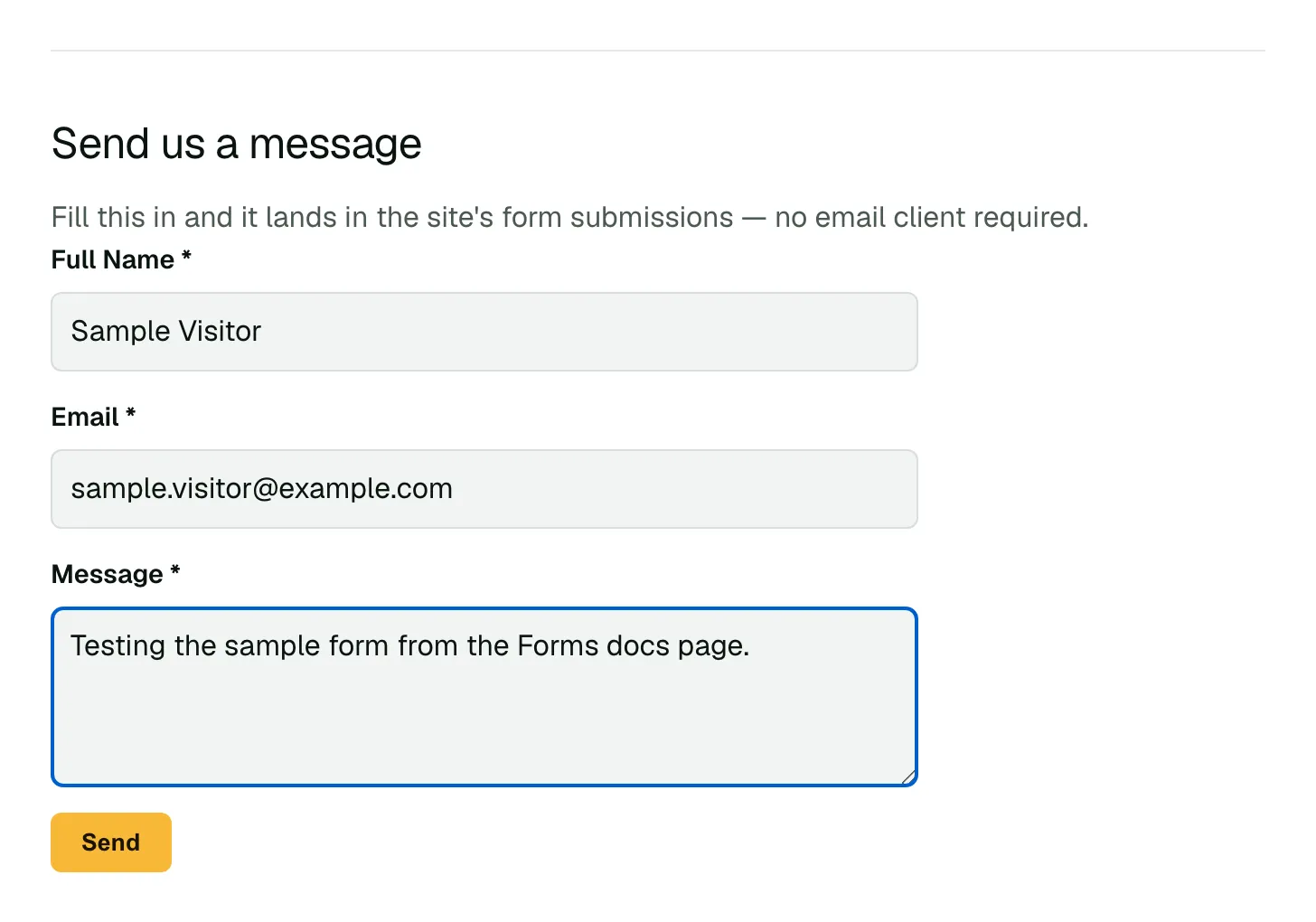 The contact form filled out with sample data: Full Name, Email, and a one-line message, before submitting.