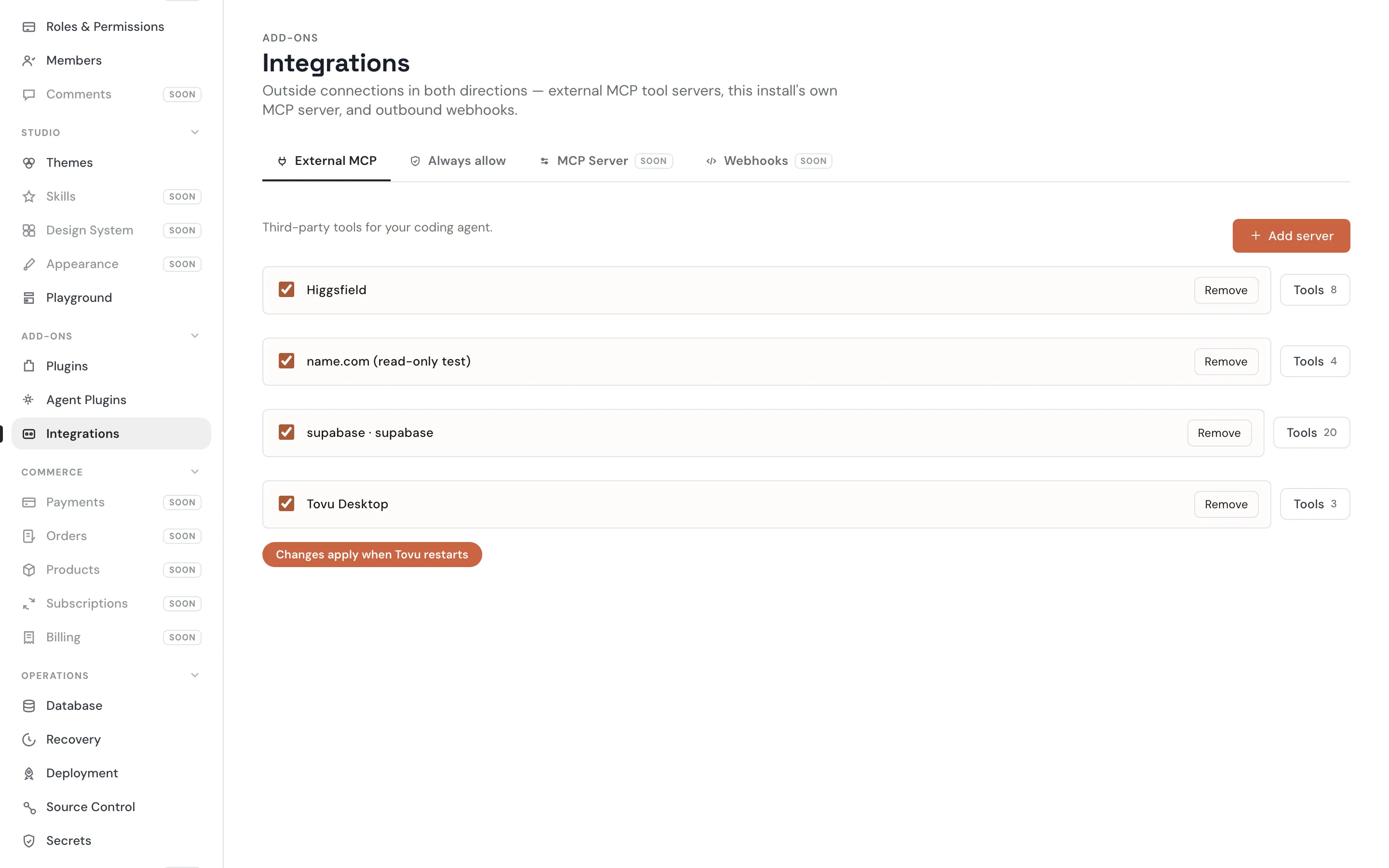 Admin — External MCP servers