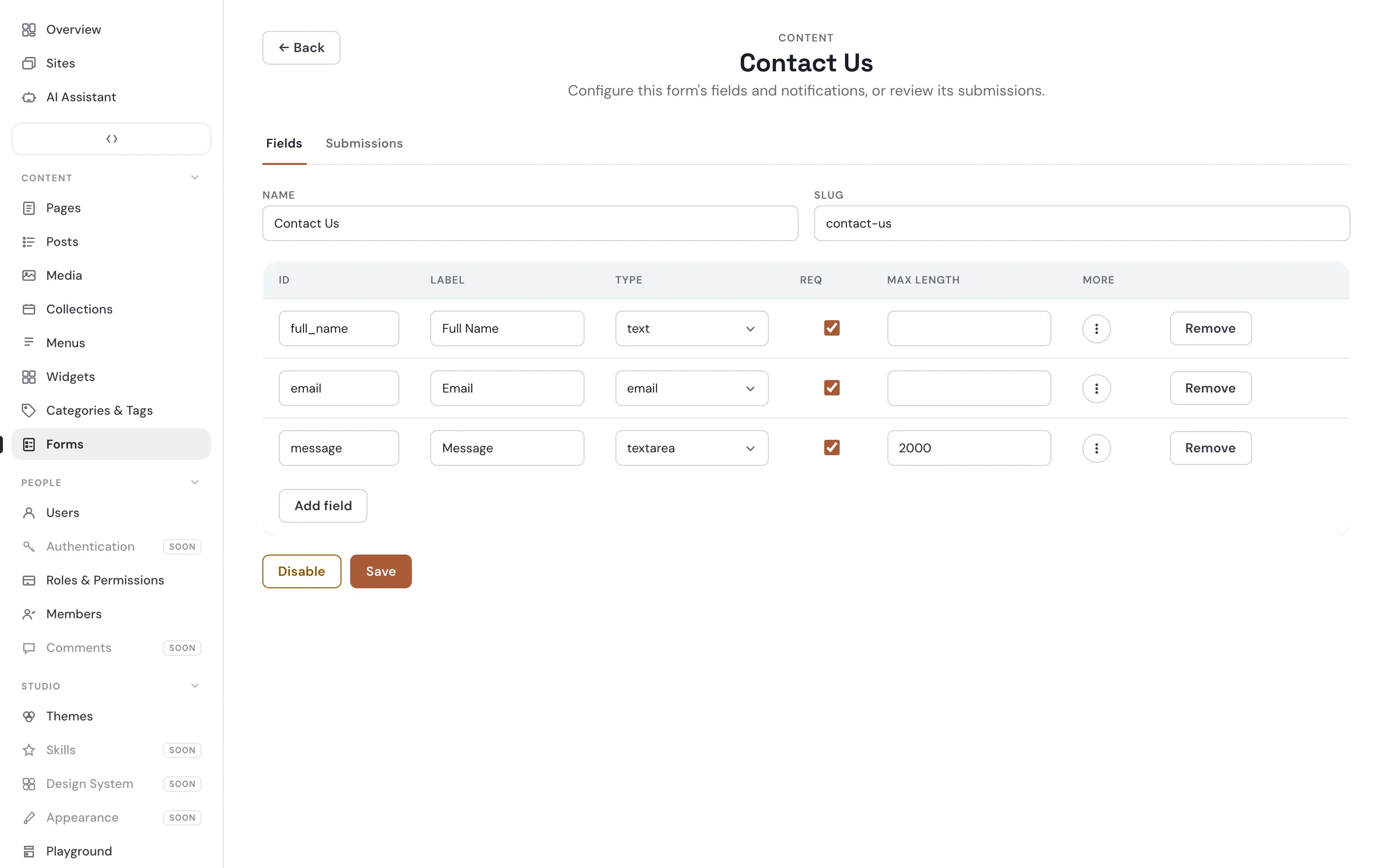 Admin — Form fields (Contact Us)