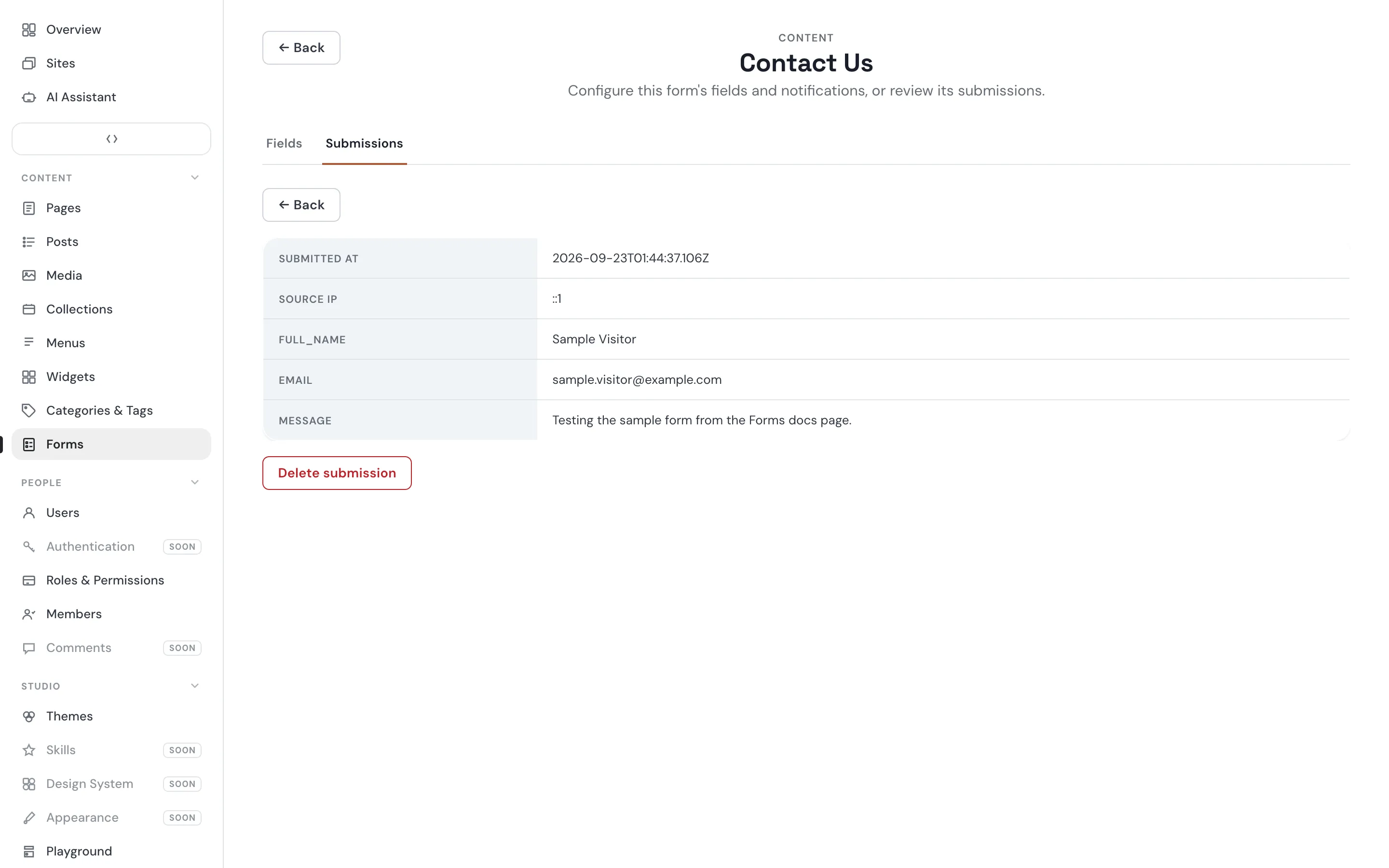 Admin — Form submission (Contact Us)