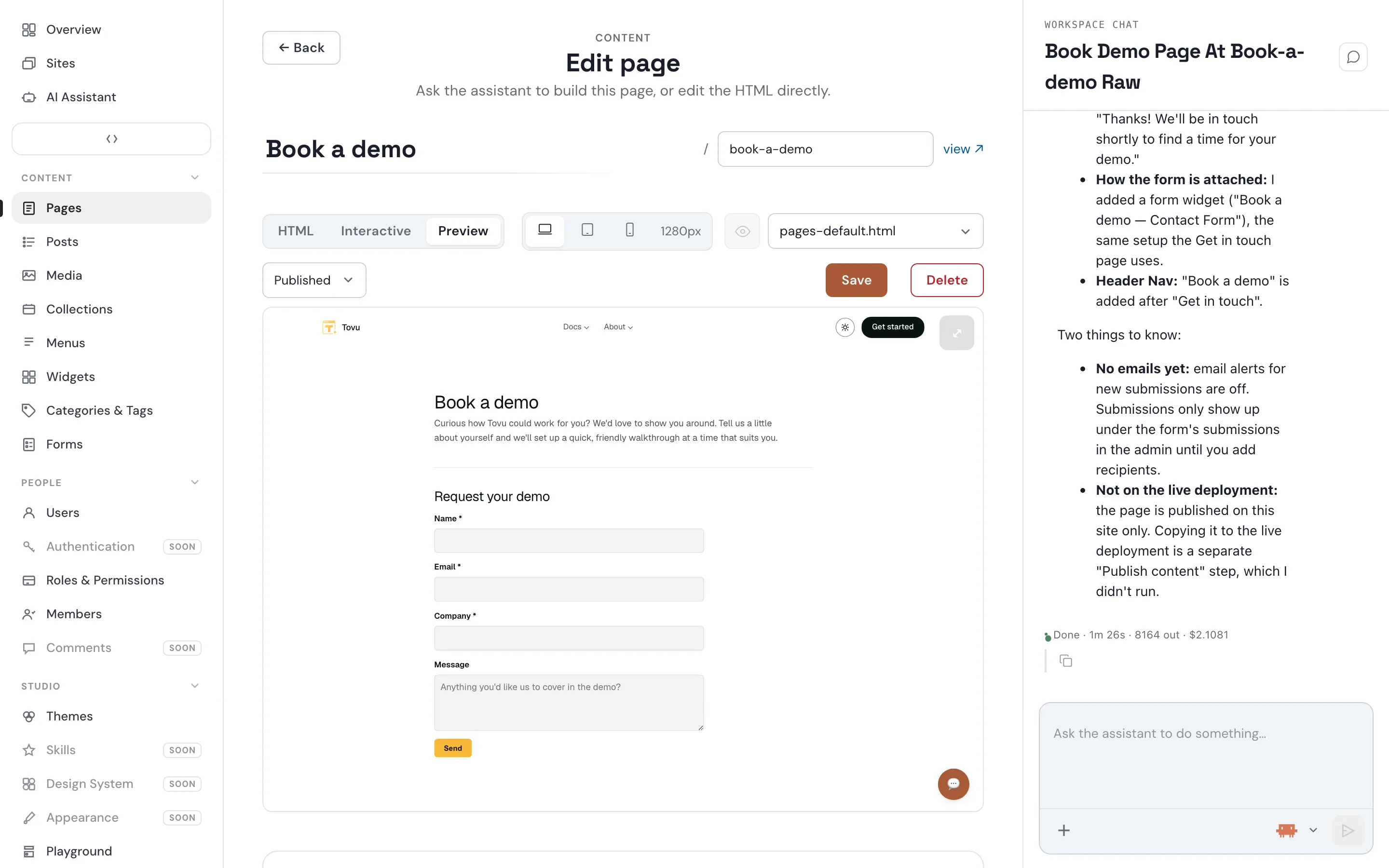 Admin — Page editor with assistant: build a Book a demo page
