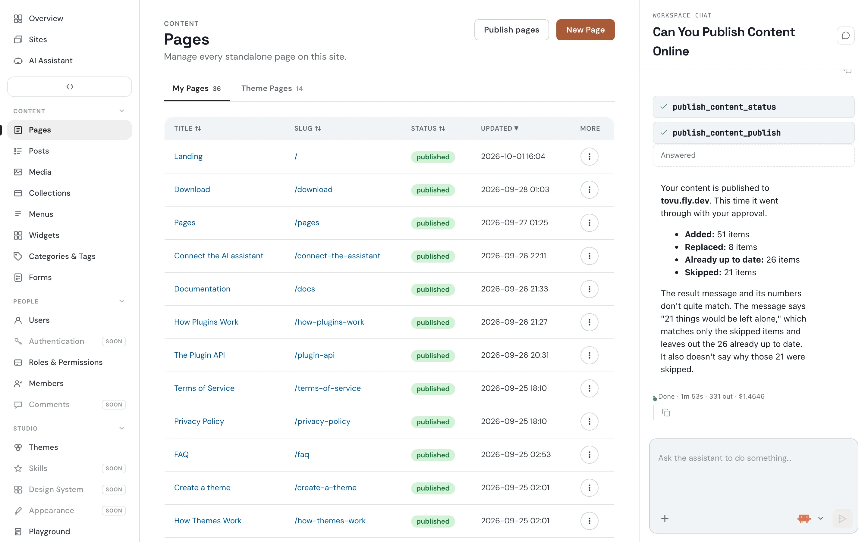 Admin — Pages with assistant: publish content online
