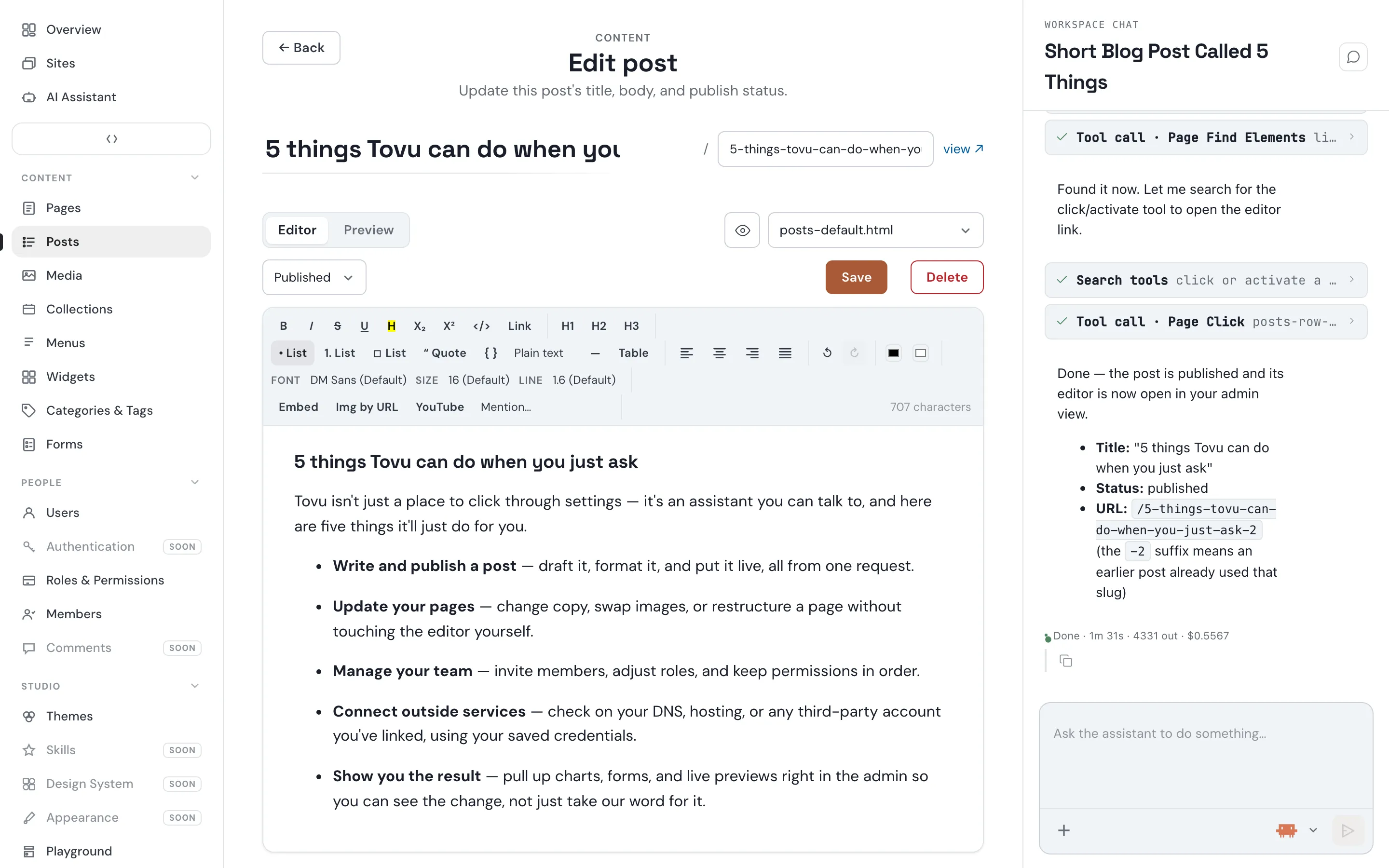 Admin — Post editor with assistant: write and publish a post