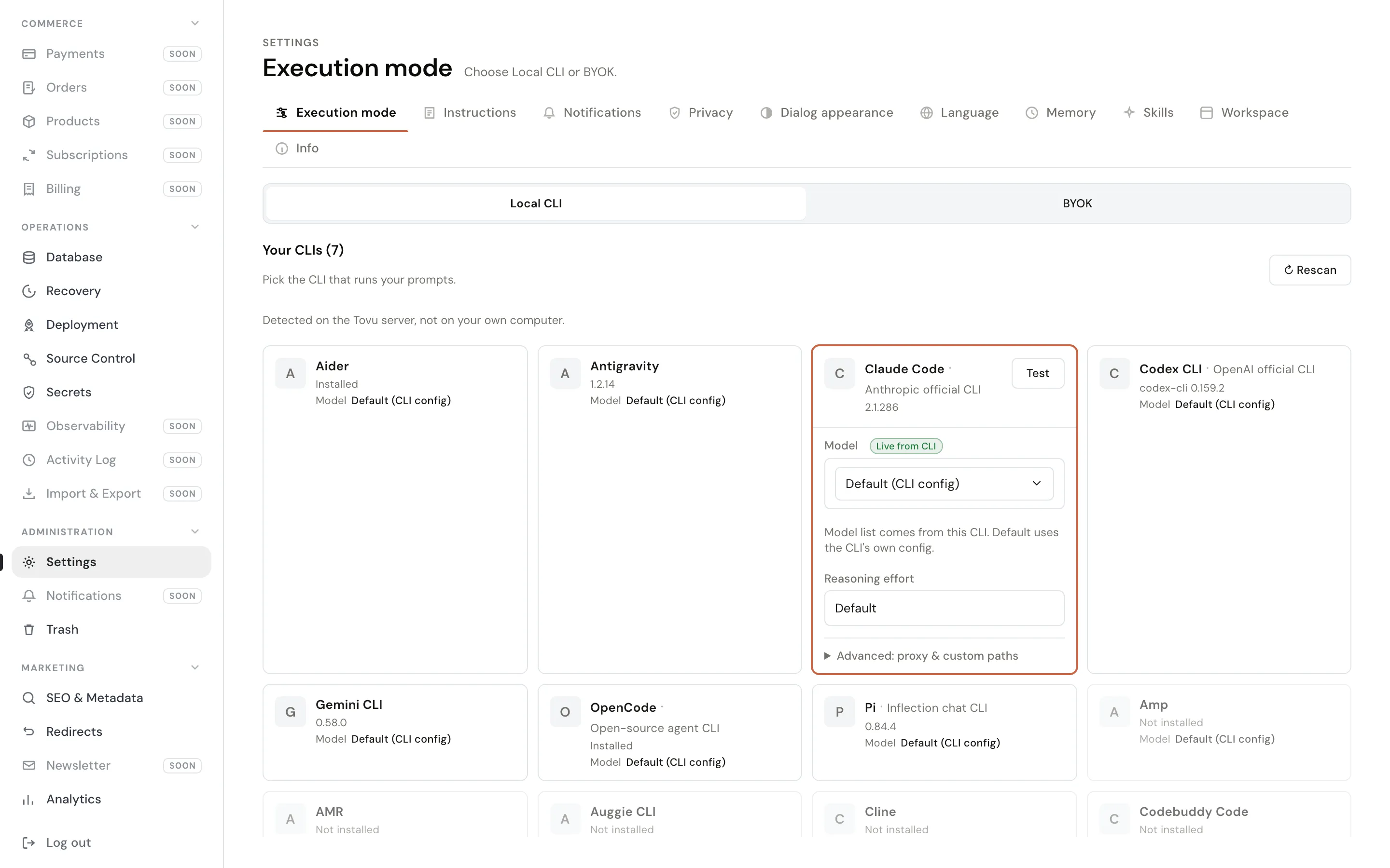 Admin — Settings, execution mode