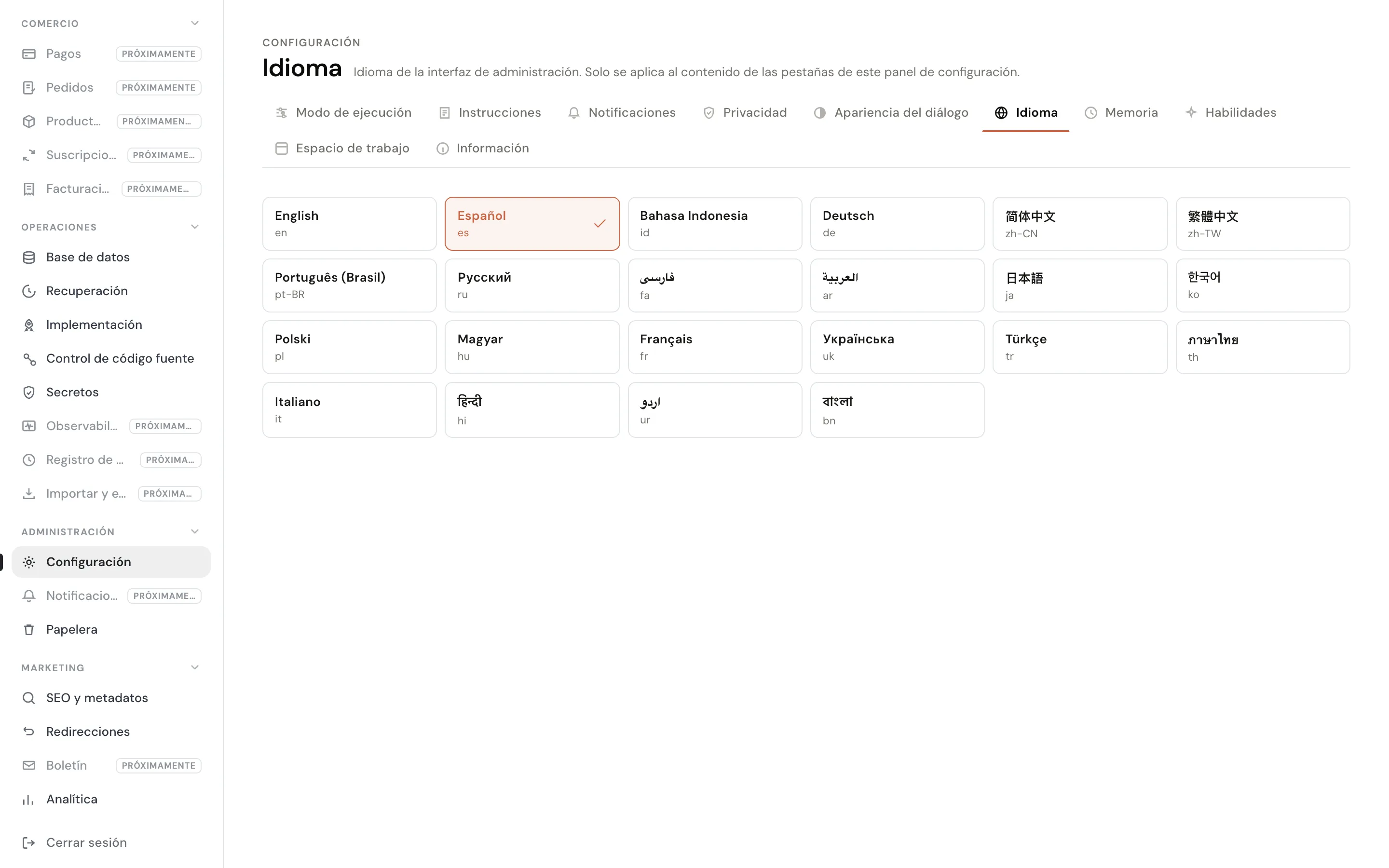 Admin — Settings in Spanish