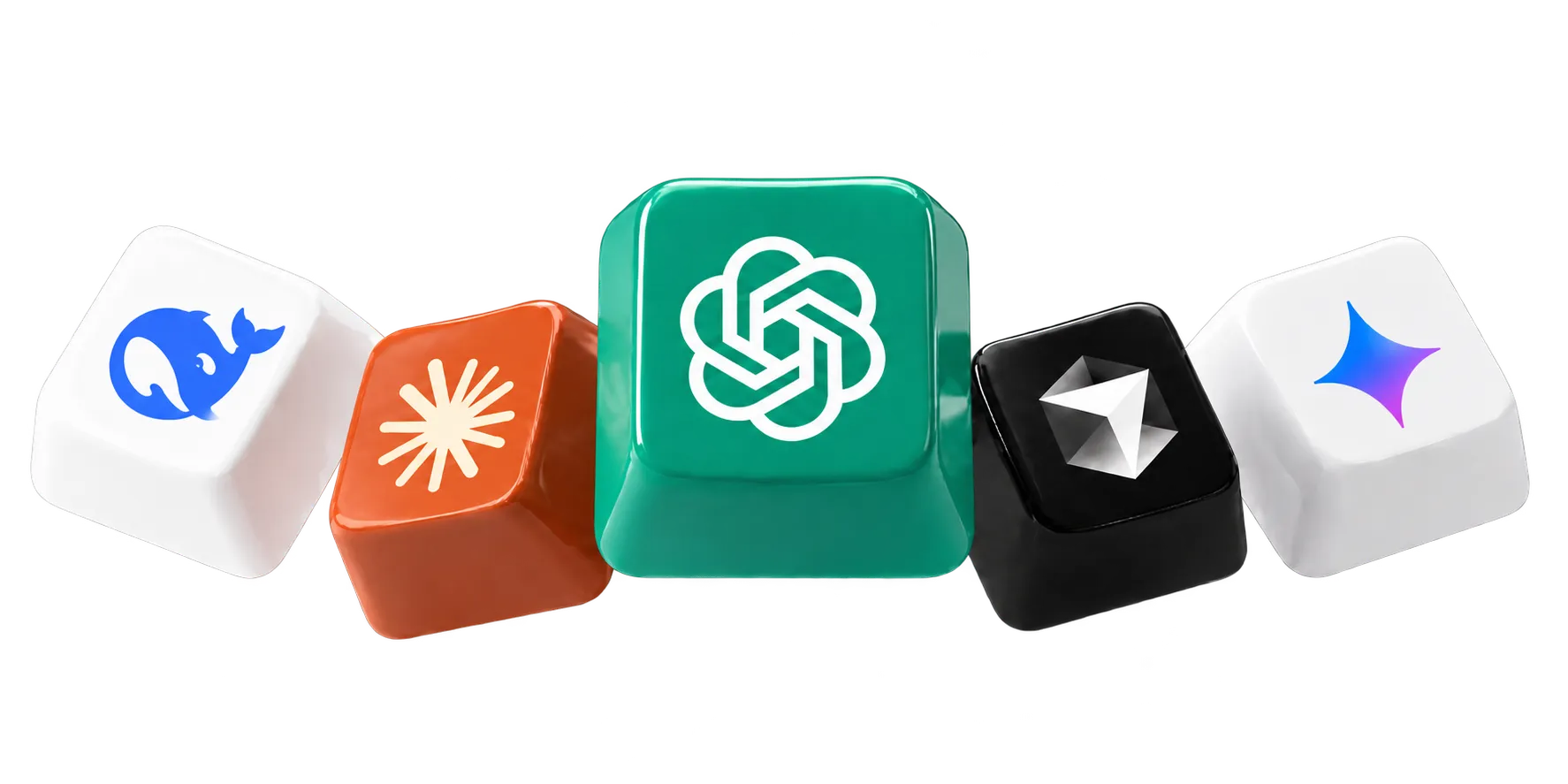 A row of keycaps carrying the logos of the AI coding agents Tovu can drive.