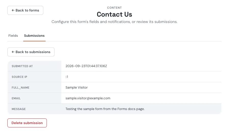 The submitted sample message shown in the Tovu admin under Forms, Contact Us, Submissions, with the full name, email, and message fields.