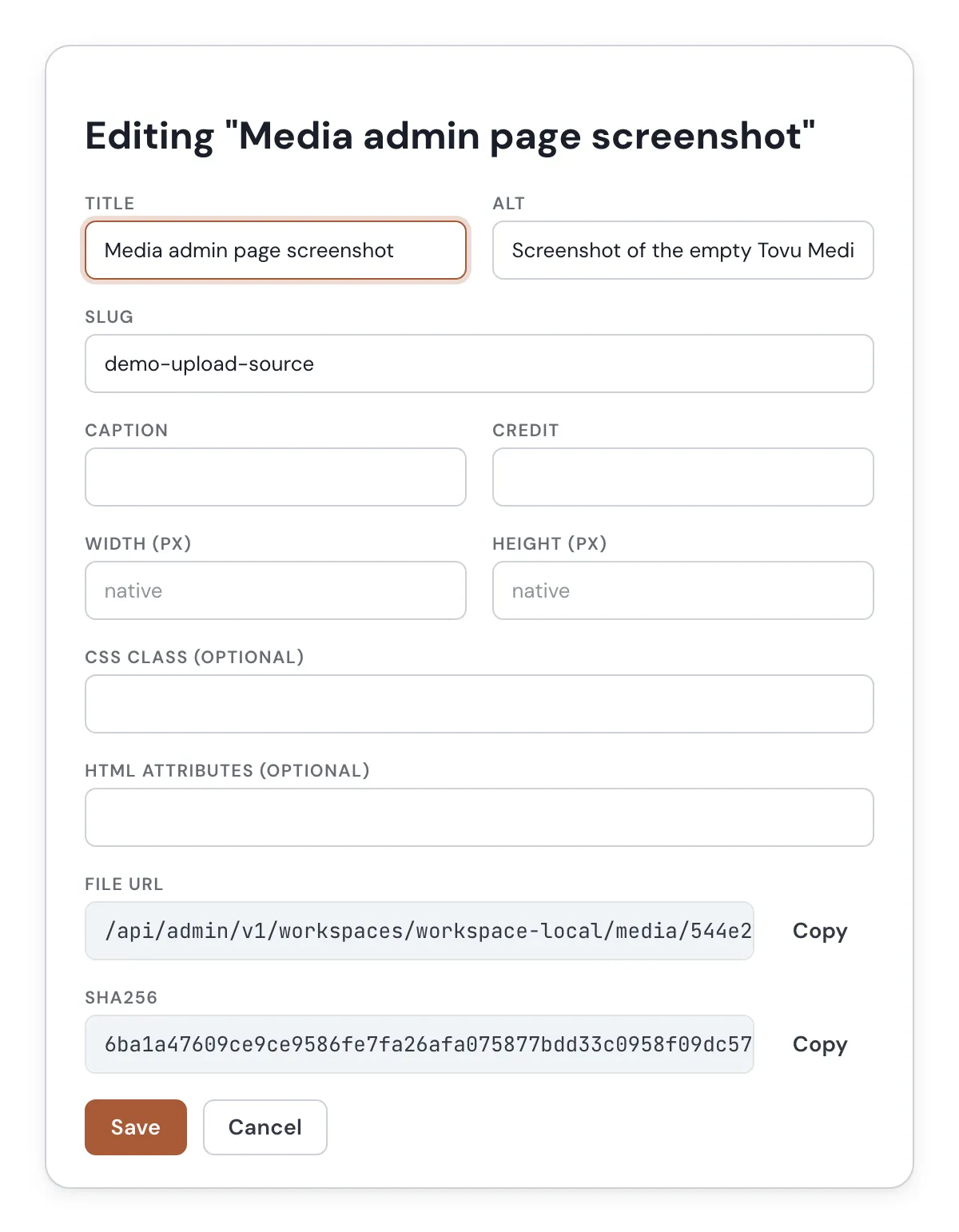 The media edit dialog showing title, slug, alt, caption, credit, width, height, file URL, and sha256 fields